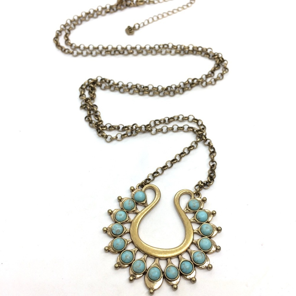 !!soLD!! PREMIERE DESIGNS LOTUS NECKLACE TURQUOISE BRASS GOLD TONE - Picture 4 of 13